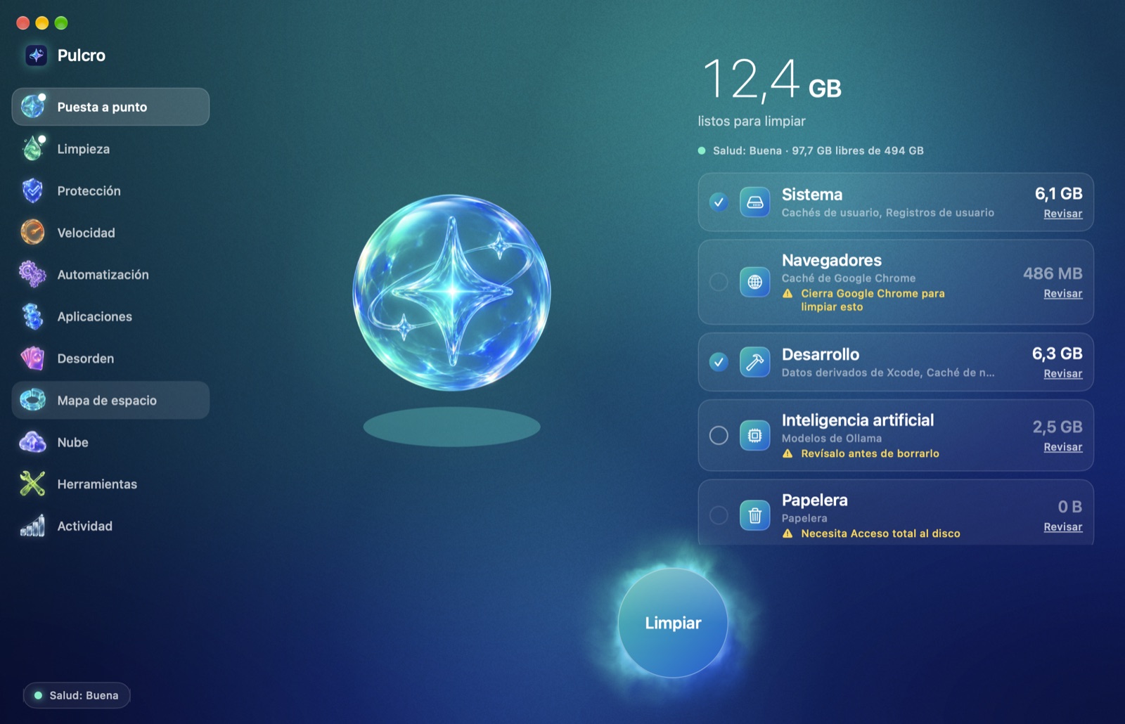 Pulcro en Puesta a punto: 12,4 GB listos para limpiar, repartidos en Sistema, Navegadores, Desarrollo, IA y Papelera.